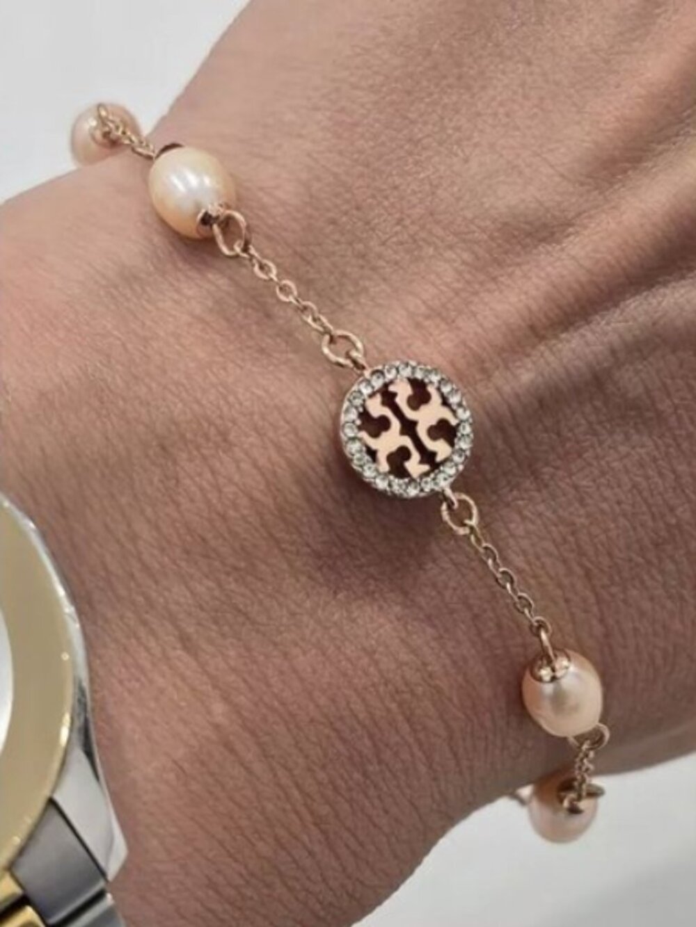 Tory Burch Miller Pave Logo Cultured Pearls Bracelet Rose Gold
